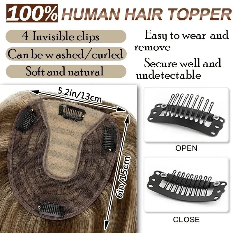 PROKYVITY 13x15cm Human Hair Topper for Women Natural Hair Wigs Center Part Clip-In Hair Extensions Machine-Made Hairpiece